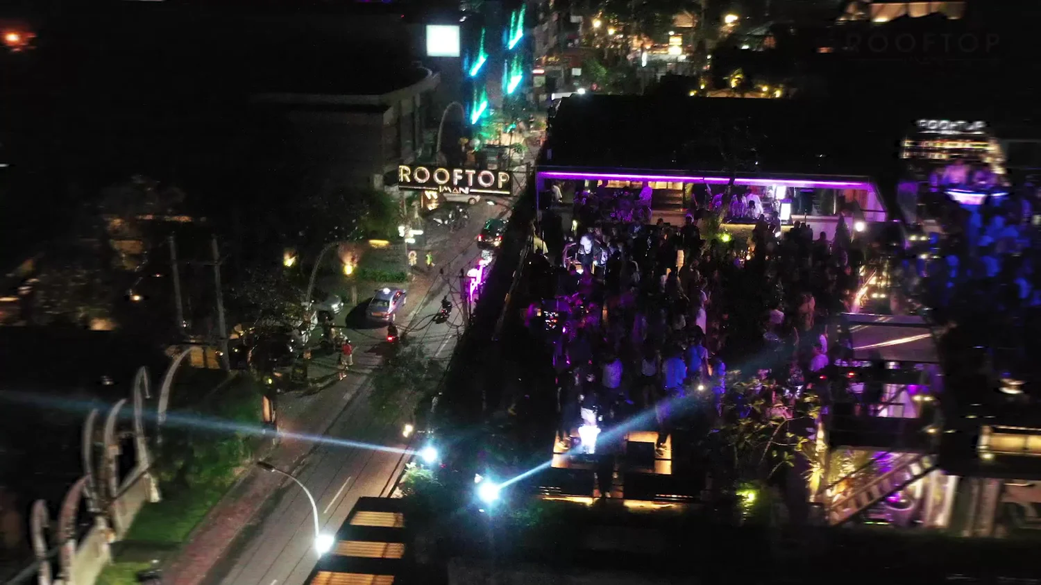 An evening venue illuminated after dark