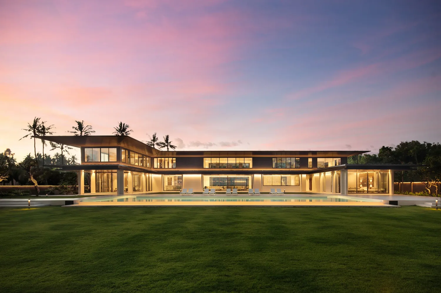 A contemporary private residence at sunset