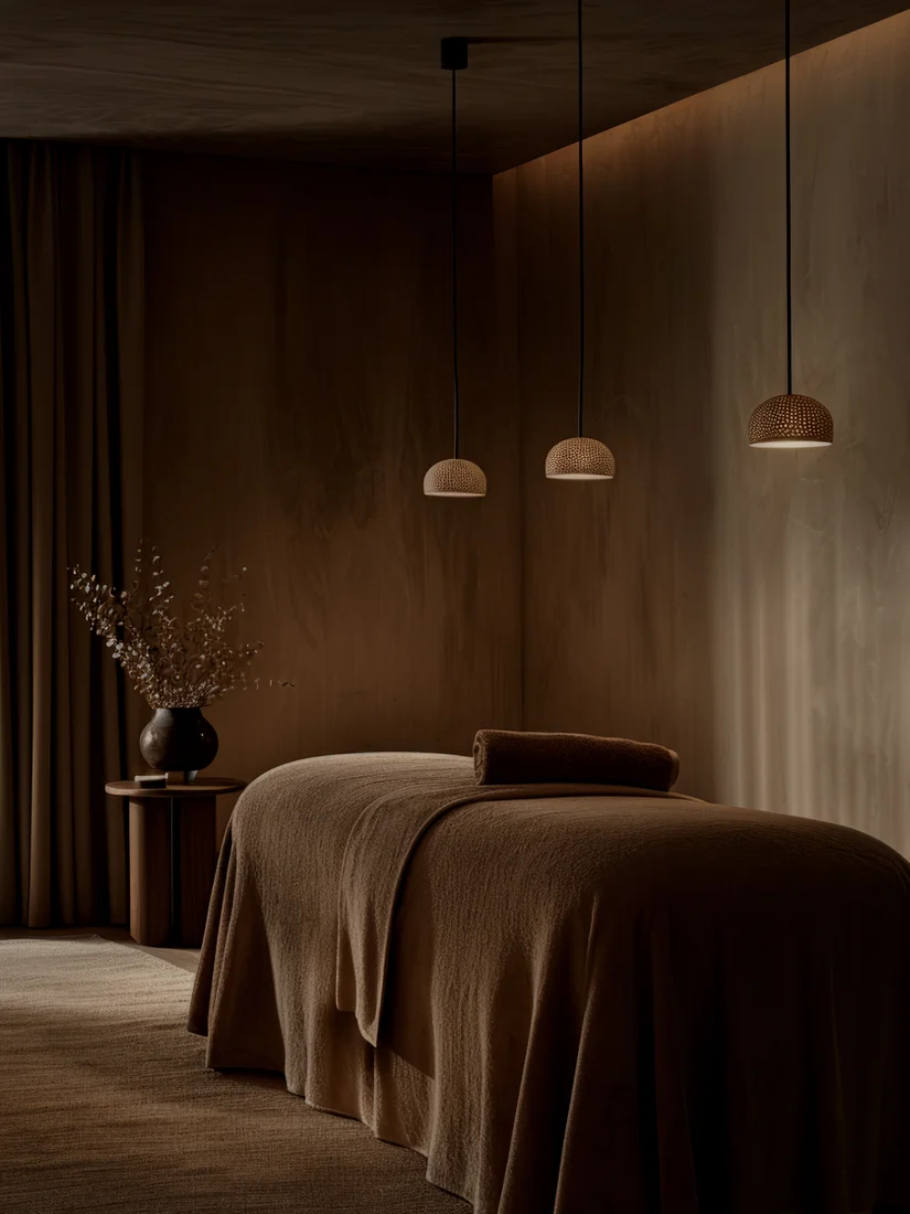 A massage bed in a warm, softly lit treatment room